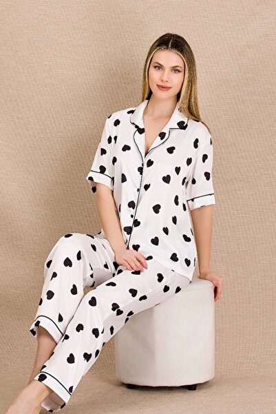 lidofya Buttoned Short Sleeve Heart White Satin Pajama Set