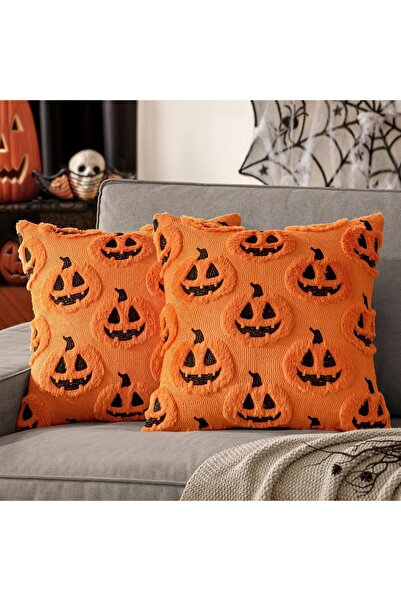 KASTWAVE Halloween Pumpkin Faux Fur Pillow Covers 18x18 inch Set of 2 - Orange