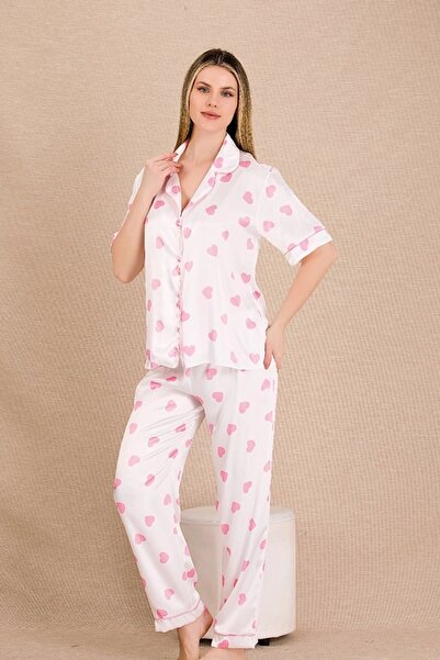 lidofya Buttoned Short Sleeve Heart Satin Pajama Set