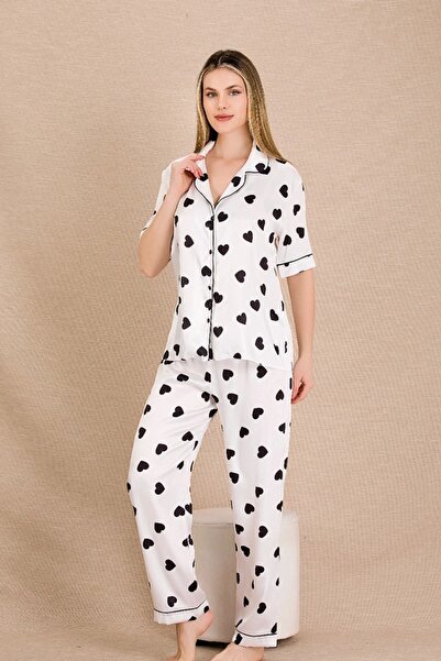 lidofya Buttoned Short Sleeve Heart White Satin Pajama Set