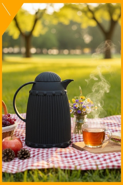 İN3DEX Siyah İçi Cam Termos 1 LT, 12 Saat Sıcak Tutan Şık Çay ve Kahve Sürahisi A-3115