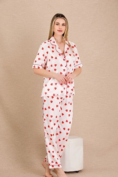 lidofya Buttoned short sleeve heart patterned ecru satin pajama set