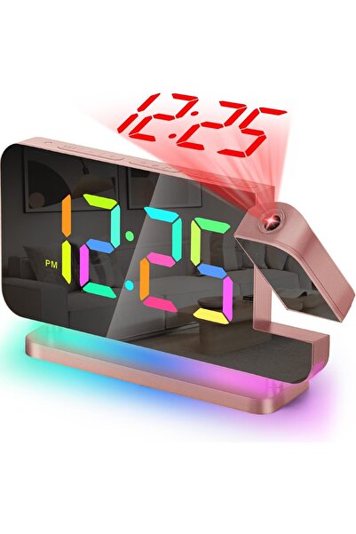 NALACAL ساعة منبه إسقاطية 7.4 بوصة LED مرآة رقمية - ذهبي وردي
