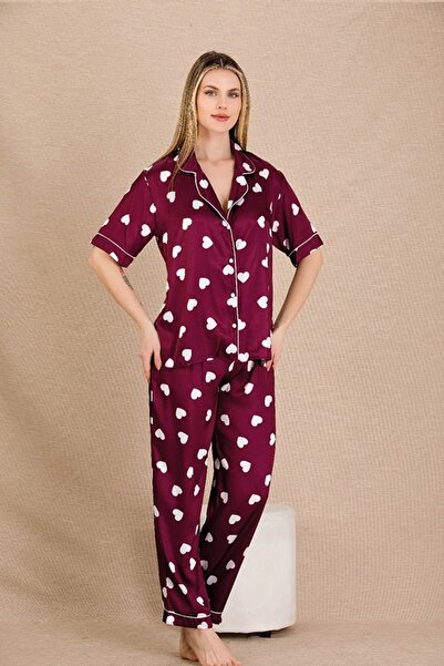 lidofya Button-down short sleeve heart print burgundy satin pajama set