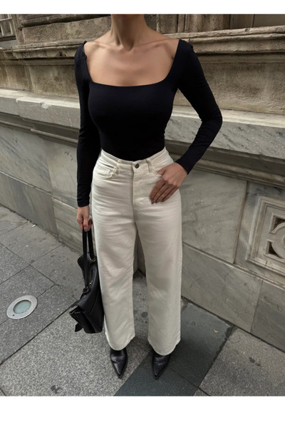 Seşa Women's High Waist Flared Denim Jean Cream Jeans Trousers