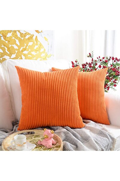 MERNETTE Pack of 2 Corduroy Decorative Throw Pillow Covers 45x45 cm (Striped Orange)