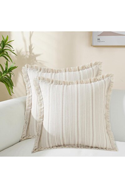 ChicAbode Striped Pillow Covers with Fringe, Cotton Linen, Khaki, 16x16 (40x4...