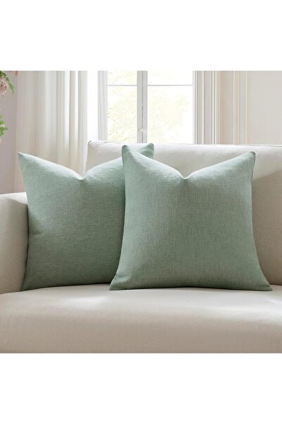 Meekio Set of 2 Sage Green 18 x 18 Inch Linen Pillow Covers - Farmhouse Boho Decorative