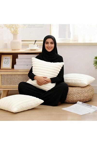 Generic 2 Pack Soft Throw Pillow Covers 45x45cm Cream White Striped Velvet Cushion Cover with Hidden Zipper