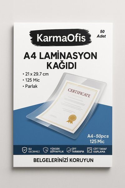 KarmaOfis A4 Laminasyon Kağıdı 125 Mic – 50 Adet | Yüksek Şeffaflık