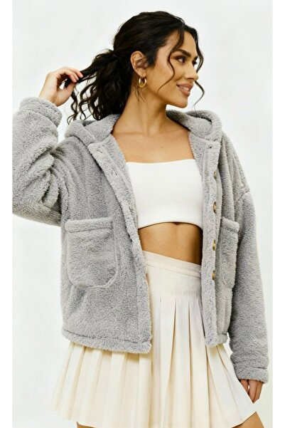 Bysenby Women's Plush Gray Hooded Double Pocket Buttoned Jacket