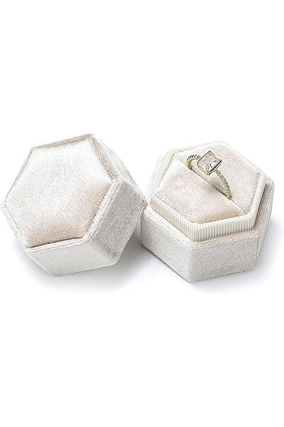 Tazweeq Velvet Ring Box, Vintage Hexagonal Fine Jewelry Display Gift Box with Removable Lid (Beige,