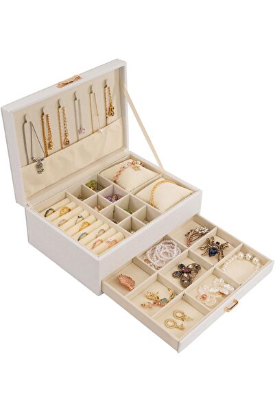 Mosiso منظم صندوق مجوهرات من الجلد الصناعي ثنائي الطبقات، أبيض