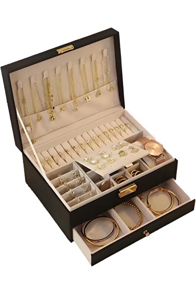 NIUB صندوق مجوهرات منظم من الجلد الصناعي مكون من طبقتين مع قفل ودرج (أسود)