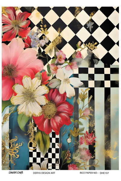 DERYA DESİNG ART Çiçekli Kareli Desen Pirinç Dekopaj Kağıdı No:DHE107- 29x42cm