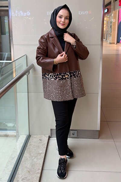 Ghisa Square Patterned Leather Jacket with Sequins and Leopard Detail