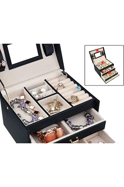 ZERIFAM 3-Layer Jewelry Box with Mirror, PU Leather Organizer, Removable Tray, 17.5x14x13cm Black