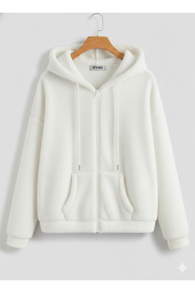 KVİNS Oversize Basic Sherpa Peluş Sweatshirt Ceket Kışlık Tüylü Fermuarlı Hoodie -Peluş Hırka