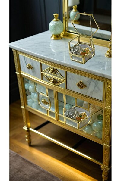 Generic Hexagon Gold Glass Jewelry Box - Vintage Keepsake for Rings, Earrings & Trinkets