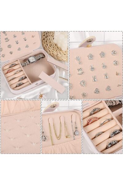 U-HOOME منظم صندوق مجوهرات للسفر - جلد بولي يوريثان صغير مزدوج الطبقات