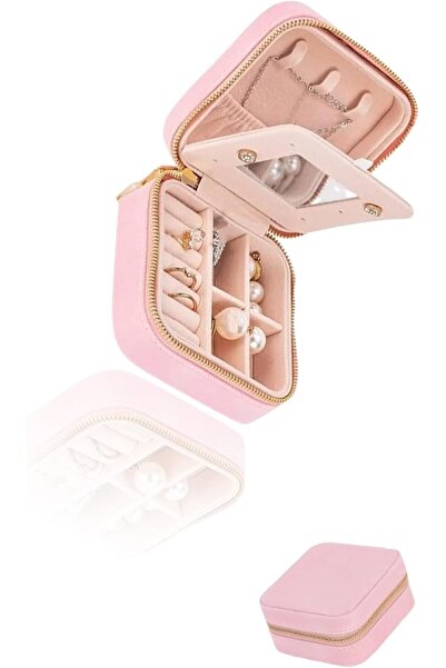 Sweet seven Portable Travel Velvet Jewelry Box with Mirror (Pink)