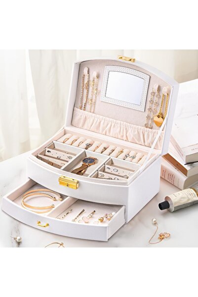 NALACAL صندوق منظم مجوهرات صغير للسفر (أبيض) - منظم جلدي من طبقتين مع مرآة