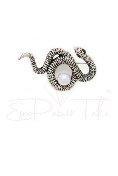 Esra Pamir Yeşil Taş Gözlü İncili Gümüş Renk Yılan Broş