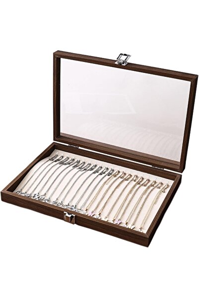 Generic 20 Hooks Walnut Wood Necklace Display Box with Transparent Glass Lid, Jewelry Holder Organizer with