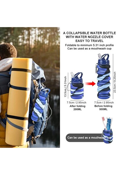 4basix Silicone Collapsible Water Bottle 530ml - Foldable, Leak-Proof, BPA-Free, with Straw, Blue