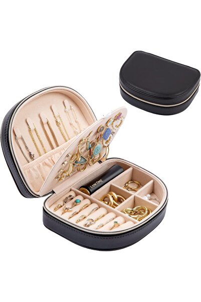 PROCASE Travel Size Jewelry Box, Medium Seashell-Shaped 2-Layer PU Leather Organizer - Black