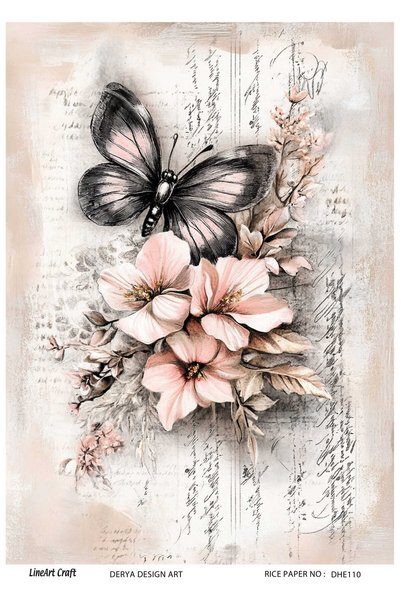 DERYA DESİNG ART Vintage Kelebek Deseni Pirinç Dekopaj Kağıdı No:DHE110- 29x42cm