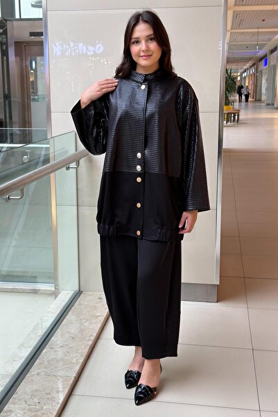 Ghisa Square Leather and Satin Combination Front Snap Button Cap Pants Set