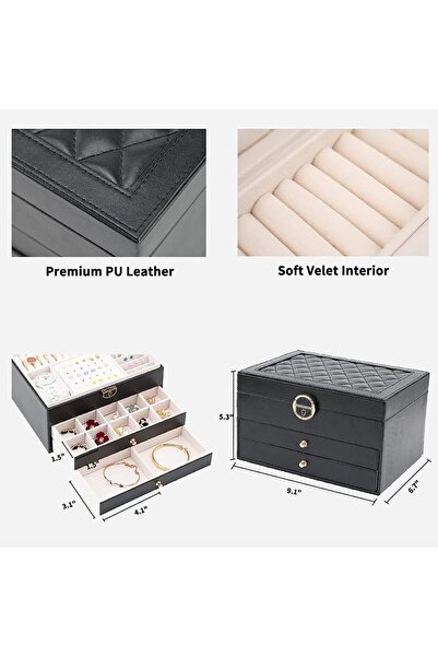YHOME Jewelry Box Organizer for Women & Girls, 3-Layer Leather Jewelry Storage with Lock and Removab