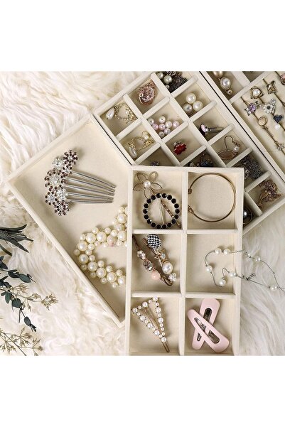 KASTWAVE Jewelry Trays Organizer Set for Drawers, Stackable Velvet Inserts, 4-Piece (Beige)