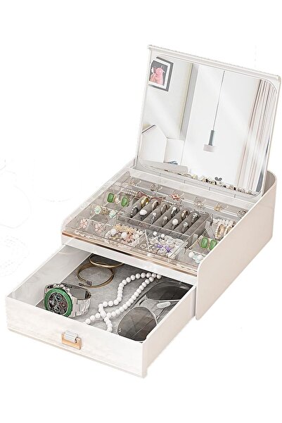 Generic Jewelry Organizer Box with Mirror, White, Multi-Compartment Storage Case with Drawer
