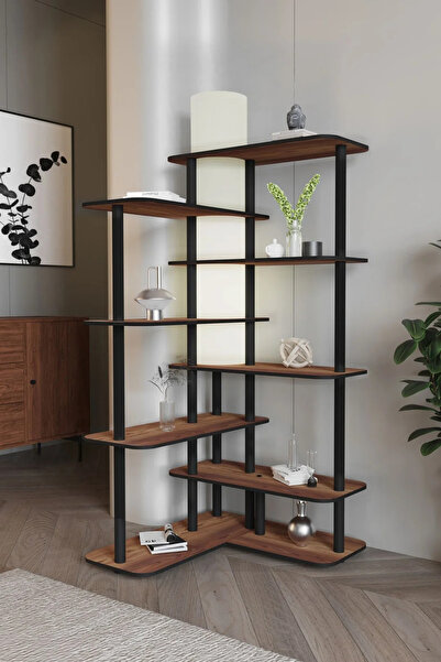 RAVILO Cross Dekoratif Raflı Kitaplık Lambader Ceviz