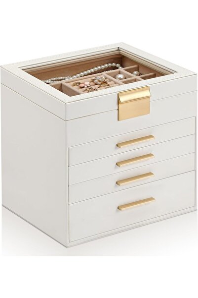 URbazaar صندوق مجوهرات من 5 طبقات مع غطاء زجاجي و4 أدراج (أبيض)