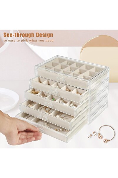 Generic 5-Drawer Acrylic Jewelry Box Organizer, Clear with Warm White Velvet Lining