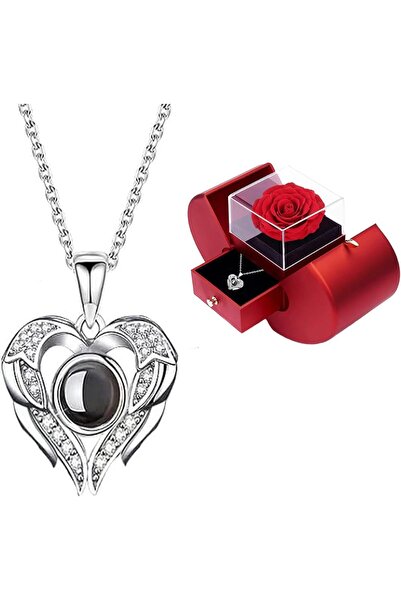 AZONEE وردة حقيقية محفوظة مع قلادة "أحبك" (100 لغة)