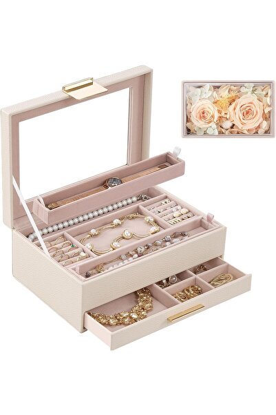 Lolalet Jewelry Organizer with Glass Lid, 2-Layer Jewelry Box with Drawer - Beige