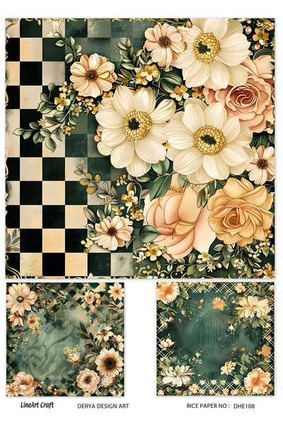 DERYA DESİNG ART Çiçekli Kareli Desen Pirinç Dekopaj Kağıdı No:DHE108- 29x42cm