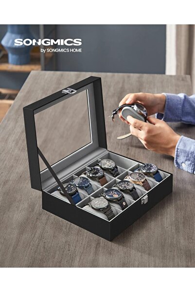 SONGMICS Watch Box with 10 Compartments, Glass Lid, Removable Cushions, Velvet Lining, Gray