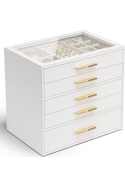 VLANDO صندوق مجوهرات نسائي مكون من 5 طبقات، منظم مجوهرات بغطاء زجاجي - أبيض