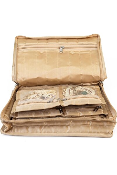 Generic Satin Fabric Jewelry Organizer with 6 Pouches, 25x20x8 cm (Golden)