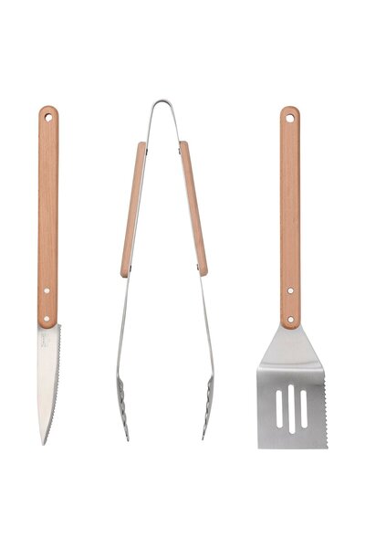 Generic 3-piece barbecue tools set, stainless steel/beech
