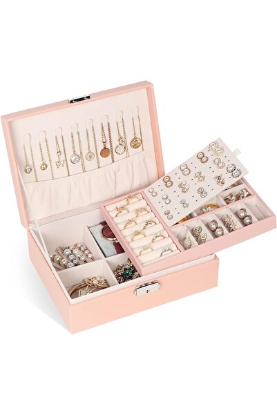 GTVGJH صندوق منظم للمجوهرات مصنوع من الجلد مع قفل – صينية قابلة للإزالة بطبقتين