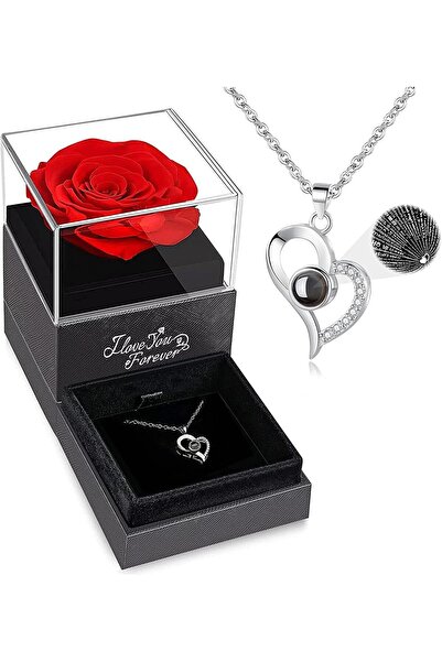 Aputue صندوق هدايا وردة حمراء أبدية محفوظة مع قلادة على شكل قلب