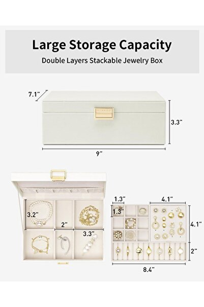 VLANDO 2 Layer Jewelry Box Large Jewelry Organizer for Women (Cream White)