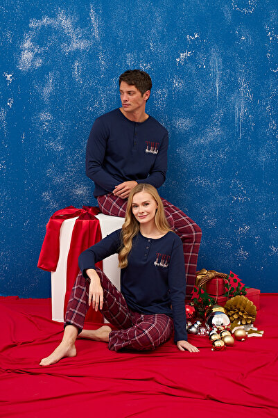 DİĞDEM YAKUT Erkek- Çift Premium Yılbaşı Özel Kırmızı Ekose Interlok Pijama T...