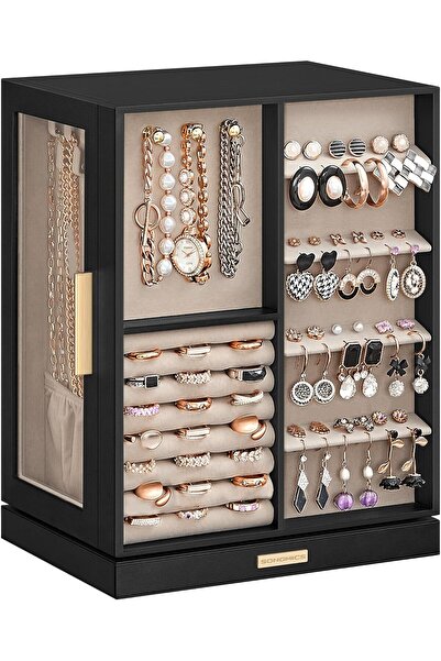 SONGMICS 360° Rotating Jewelry Box with 5 Drawers, Graphite Black